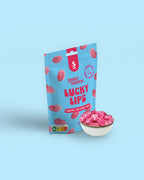Sweet Switch Lucky Lips packaging with pink gummy candies on a light blue background sugar free