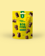 Yellow package of Sweet Switch Big Five chocolate animals on a yellow  sugar freebackground