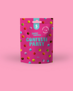 Pink packaging of Sweet Switch Confetti Party on a pink background sugar free