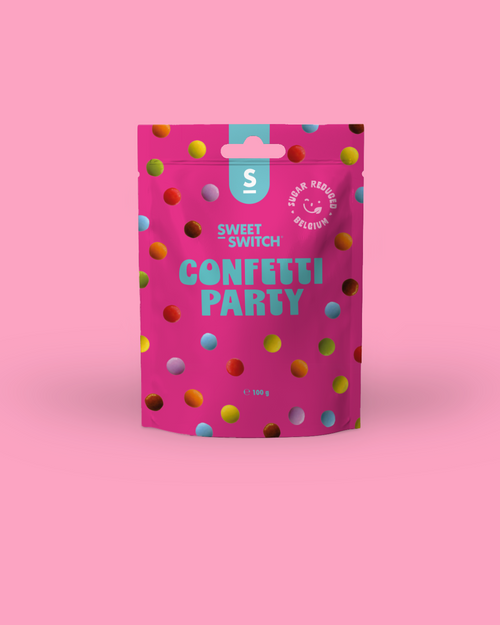 Pink packaging of Sweet Switch Confetti Party on a pink background sugar free