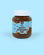 Jar of 'Happy Hazelnut' spread on a light blue background sugar free
