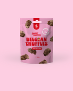 Pink package of Sweet Switch Belgian Truffles on a pink background sugar free