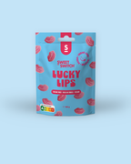 Blue packaging of 'Sweet Switch Lucky Lips' on a light blue background sugar free