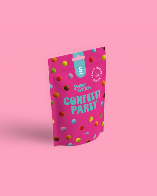 Pink packaging of Sweet Switch Confetti Party on a pink background sugar free