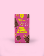 Box of Sweet Switch Milk Salted Caramel chocolate on a pink background sugar free