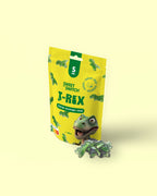 Yellow package of Sweet Switch T-Rex gummys on a light yellow background sugar free