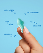 Shark Shaped candy with nutrional information on a blue background sugar free