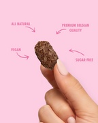 Chocolate truffle held between fingers with text highlighting qualities on a pink background sugar free