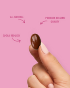 Chocolate candy held between fingers with text on a pink background sugar free