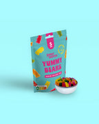 Sweet Switch Yummy Bears packaging with a bowl of gummy bears on a light blue background sugar free