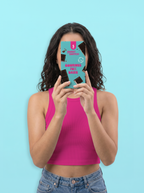 Person holding a product package in front of their face against a blue sugar free background