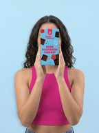 Person holding a Sweet Switch chocolate bar packaging in front of their face against a blue background sugar free
